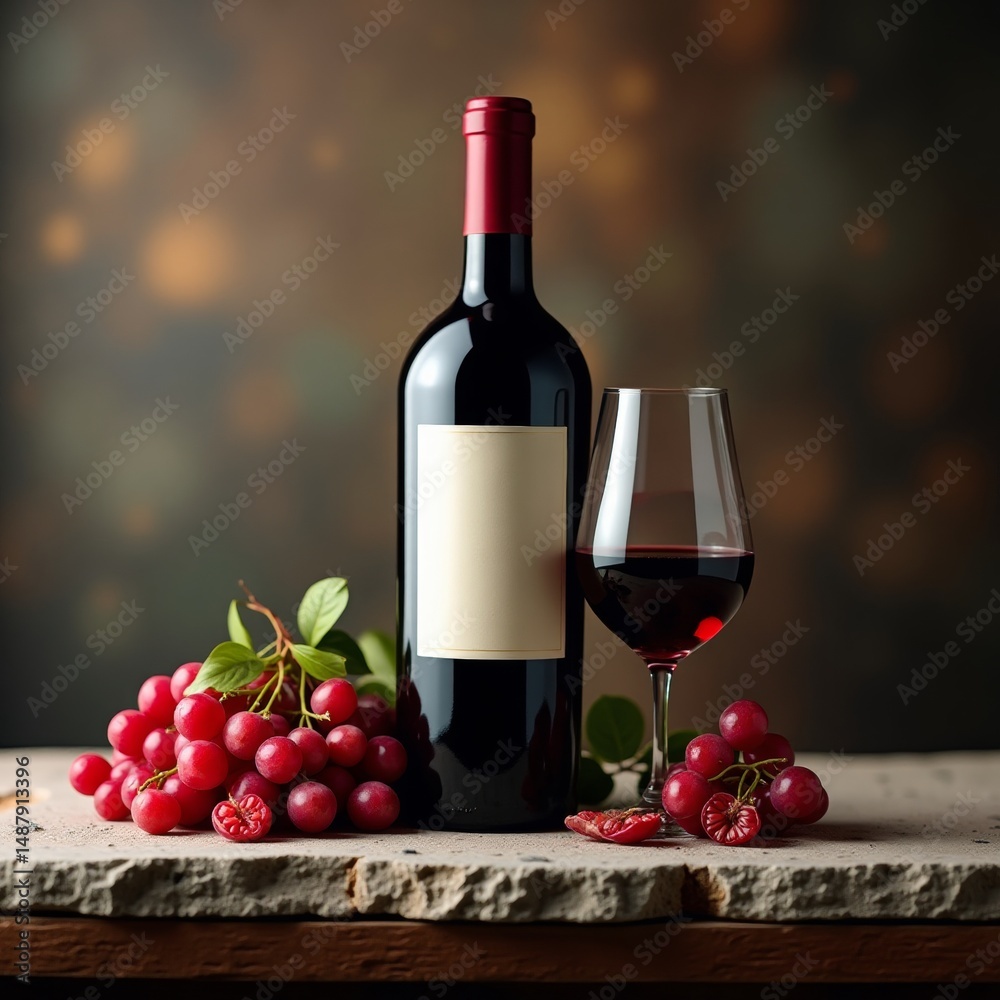Obraz premium A glass of wine next to a bottle of red wine with pomegranates