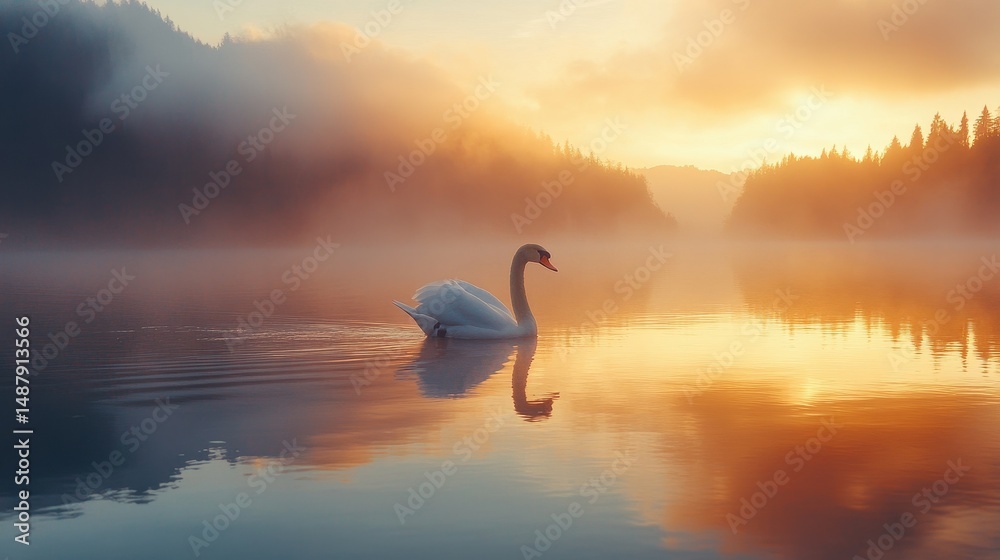 Fototapeta premium White Swan on Calm Lake at Sunrise, Misty Morning, Golden Light Reflection