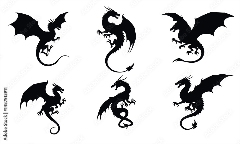 Fototapeta premium Collection of Mythical Dragon Silhouettes in Various Poses