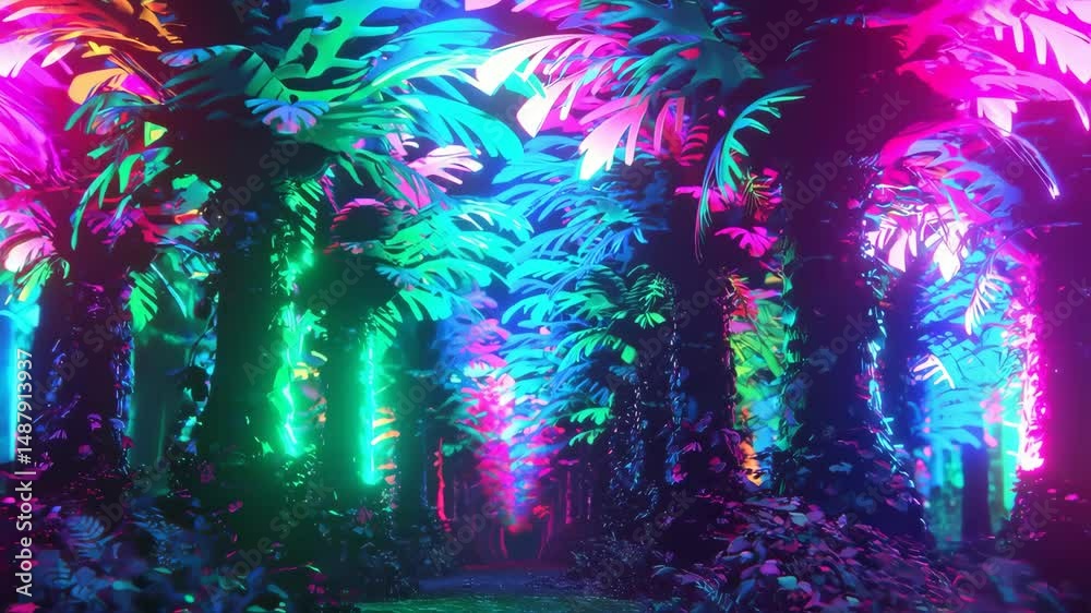 Neon Jungle: A Vibrant 3D Animated Forest with Glowing Trees and a Mysterious Path