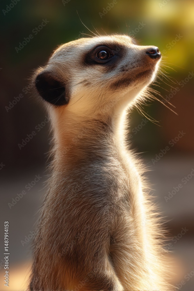 Fototapeta premium A meerkat looks upward, bathed in the golden light of the setting sun, its fur illuminated, showcasing intricate details of its texture and coloration. : Generative AI