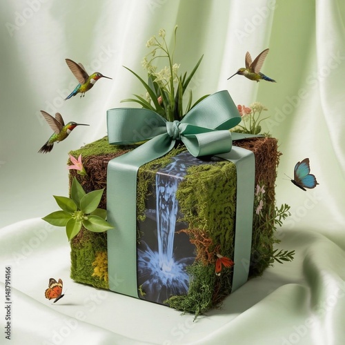 Enchanted forest gift box: image shows a gift box covered in moss and plants, featuring a waterfall image, adorned with a ribbon and flowers, surrounded by hummingbirds and butterflies on a light back