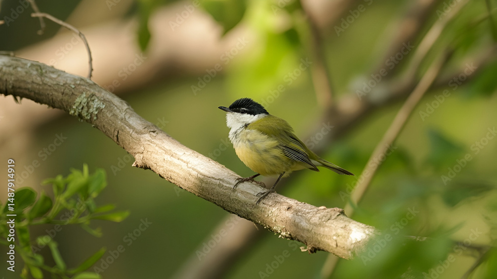 Fototapeta premium A Cyprus warbler (Sylvia melanothorax) perched gracefully on a beautiful branch.