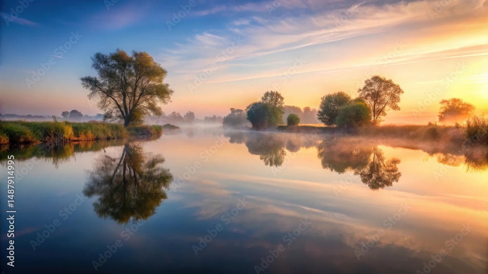 Fototapeta premium River Reflections at Dawn, peaceful atmosphere, misty dawn, peaceful atmosphere, misty dawn