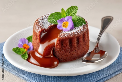 A chocolate lava cake oozing as a spoon breaks through it