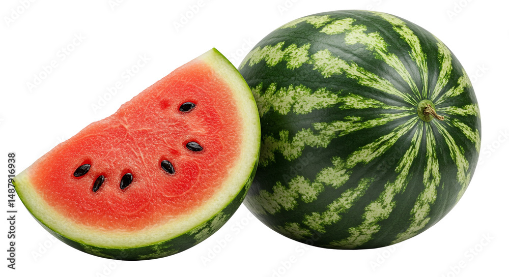 Fresh Watermelon Slice and Whole Fruit Displayed Against Transparent Background Detail Fresh Watermelon Slice and Whole Fruit Displayed Against Transparent Background Detail