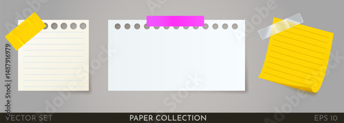 Colored stickers attached with tape. Collection of different sheets of note paper with folded corner, ready for your message. Big set.