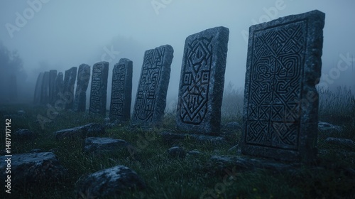 Ancient Rune-Engraved Stone Monuments in a Foggy Misty Landscape
