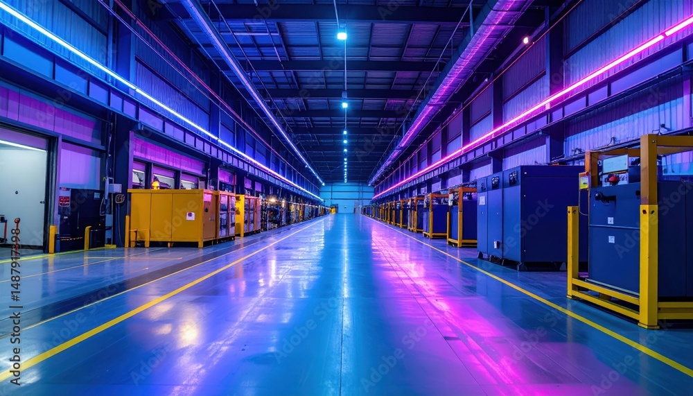 Naklejka premium Giant Warehouse with Chemical Storage and Neon Accents in Focus