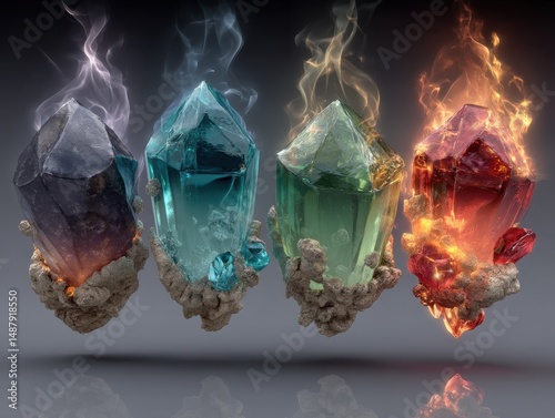 Wallpaper Mural Four glowing crystals, each a different color and element, hover against a dark gray background, emitting smoke or fire, showcasing their unique energy. : Generative AI Torontodigital.ca