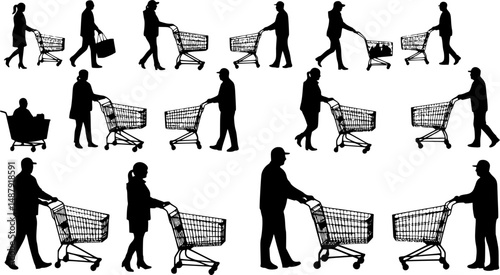Collection of vector silhouette of different people push shopping cart on white background. Symbol of shop accessories.
