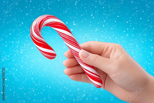 A hand holding a red and white candy cane over a snowy background