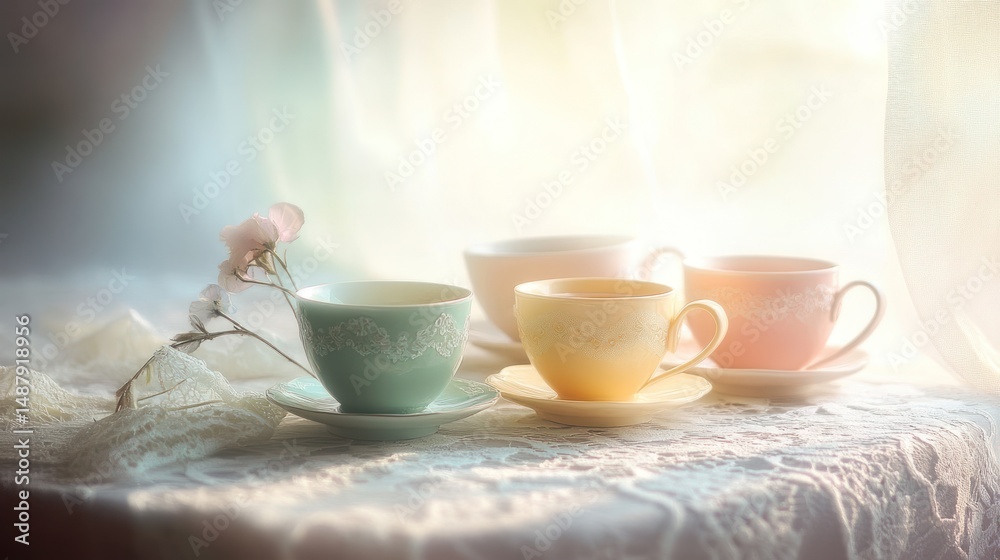 Pastel Teacups by the Window: A Serene Morning Pastel Teacups by the Window: A Serene Morning
