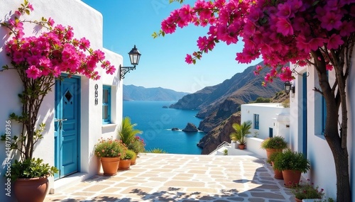 Sun-drenched whitewashed village, vibrant bougainvillea , travel, window, sky