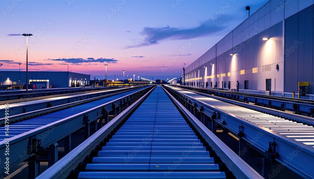 Fototapeta premium High-Tech Logistics Hub with Conveyors at Dusk in Industrial Setting