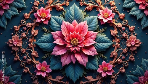 Intricate floral design within a tessellated hexagon , blossom, pastel, winter