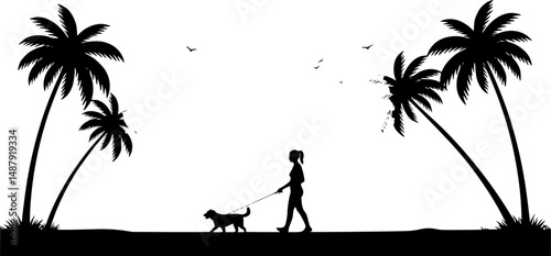 Vector silhouette of woman with her dog walking on palm beach on white background. Symbol of nature and sport.
