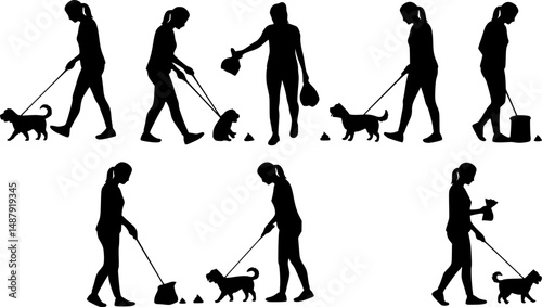 Vector silhouette of woman collecting excrement of her dog on white background.
