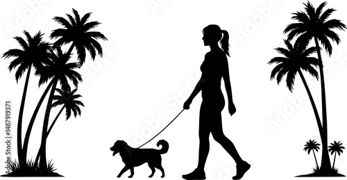 Vector silhouette of woman with her dog walking on palm beach on white background. Symbol of nature and sport.
