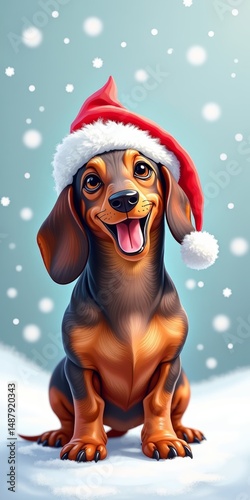 Happy dog wearing Santa hat in snowflakes