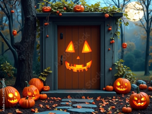 A Halloween-themed door with a pumpkin face at night photo