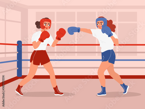 Vector illustration of two female boxers sparring in a boxing ring. Women wearing protective headgear and gloves, actively training and throwing punches. Sport, competition, fitness concept
