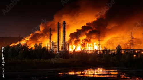 Wallpaper Mural Massive industrial fire engulfs refinery at night, towering flames and thick black smoke billow into the dark sky, reflecting in a nearby water body. : Generative AI Torontodigital.ca