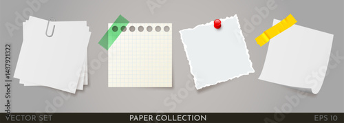 Colored stickers attached with tape. Collection of different sheets of note paper with folded corner, ready for your message. Big set.