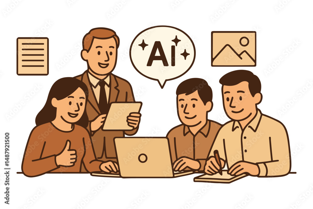 Fototapeta premium Team collaboration with AI productive meeting illustration