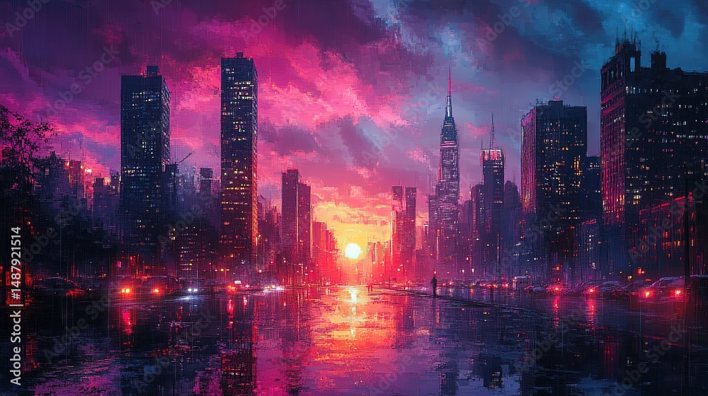 Obraz premium Pixel art city sunset with pink and purple skyscrapers reflected on wet street, vibrant retro style digital urban landscape illustration