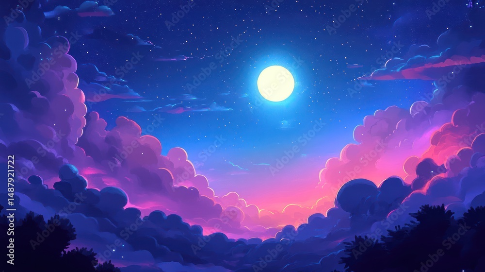 Fototapeta premium Night sky, full moon, colorful clouds, fantasy landscape, game background