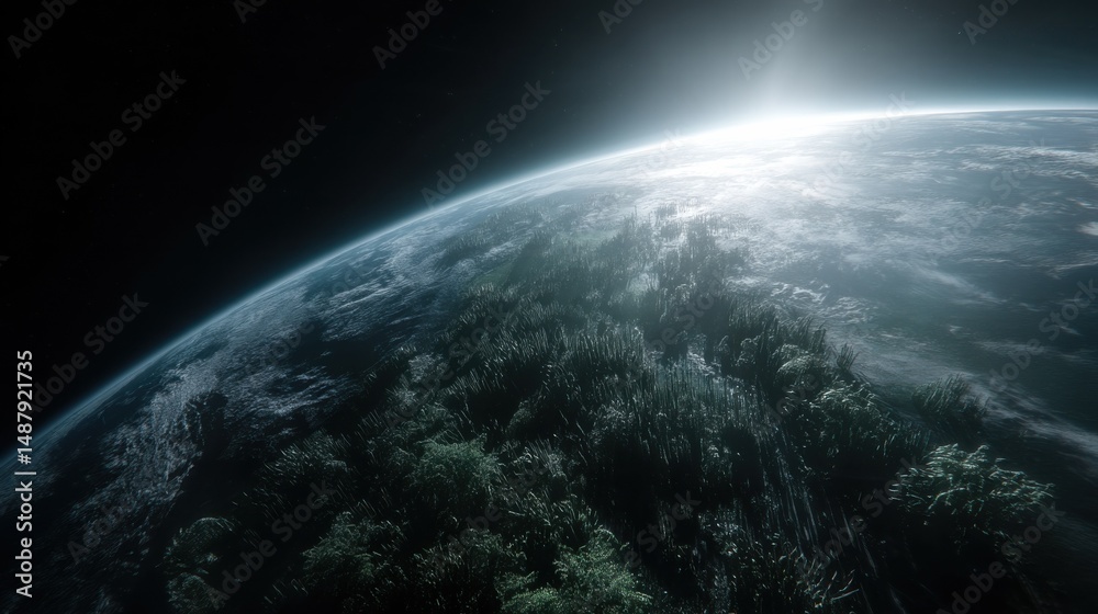Obraz premium A breathtaking view of an alien planet's surface, bathed in the soft glow of a rising sun, showcasing a unique landscape of dark green vegetation and a swirling atmosphere. : Generative AI