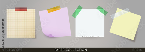 Colored stickers attached with tape. Collection of different sheets of note paper with folded corner, ready for your message. Big set.