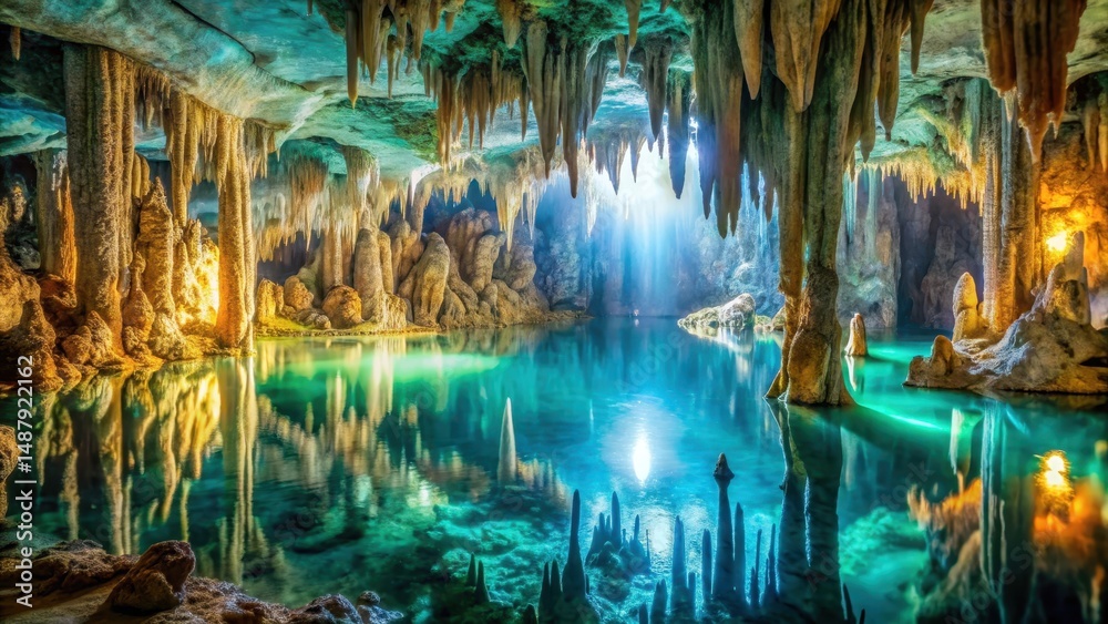 Naklejka premium Luminous cave lake with towering stalactites and stalagmites, reflecting soft blue-green hues of water and light