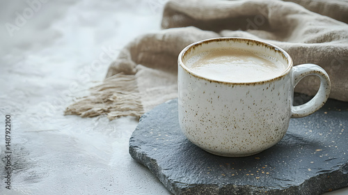 Warm light flat lay of coffee mug in cozy caf lifestyle branding scene stone texture environment