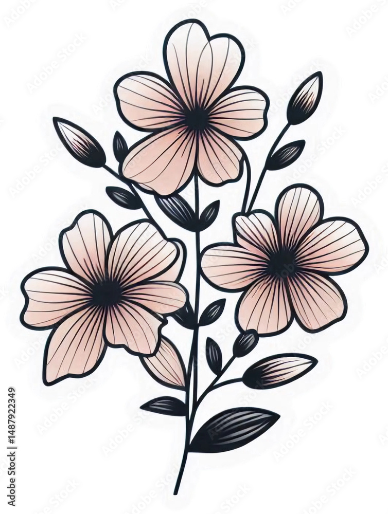 Fototapeta premium Three sketched flowers bloom elegantly