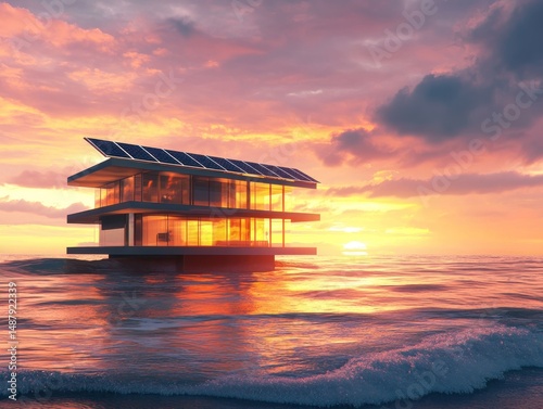 Modern floating house with solar panels at sunset