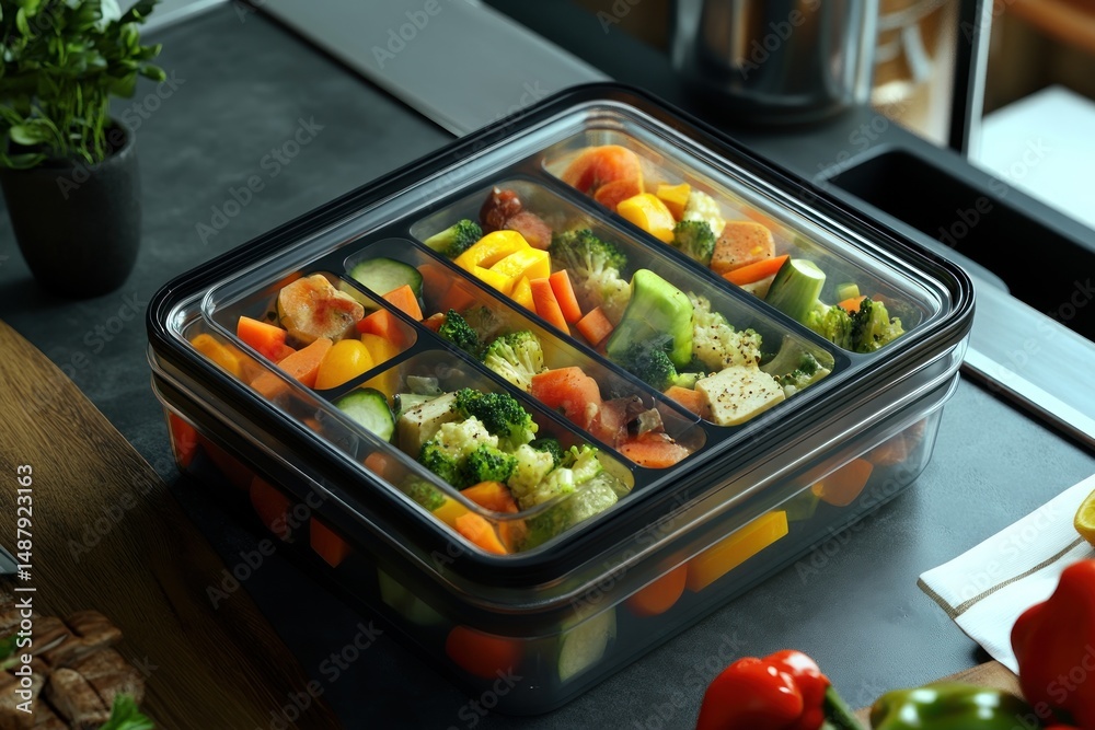 Multi compartment meal prep container with assorted vegetables
