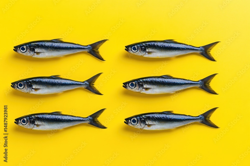 Six fish arranged symmetrically on a yellow background