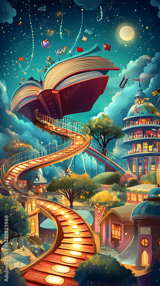 Fototapeta premium A whimsical scene featuring a giant open book with a winding path leading to a magical city at night