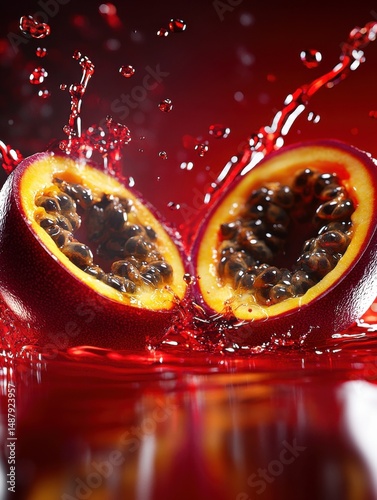 Two halves of a passion fruit splashing into a vibrant red liquid, creating a dynamic and colorful scene. The seeds are visible, and the juice is bursting with energy. : Generative AI