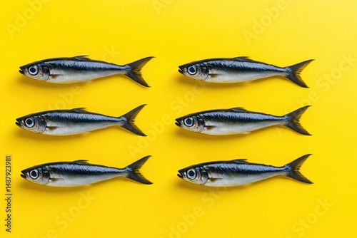 Obraz na płótnie Six fish arranged symmetrically on a yellow background w salonie