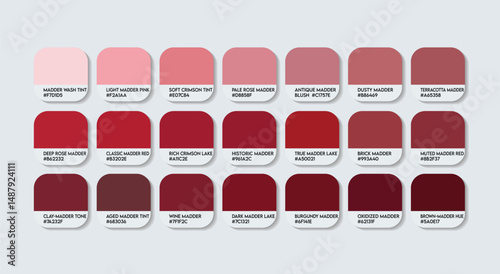 Madder Lake color Palette. True and Classic Madder Lake Tones Swatch Chart with HEX Codes and Color Names. Deep and Earthy brick red Variations. Soft and Rosy Tints Variants Tones. brick, Light, Sun
