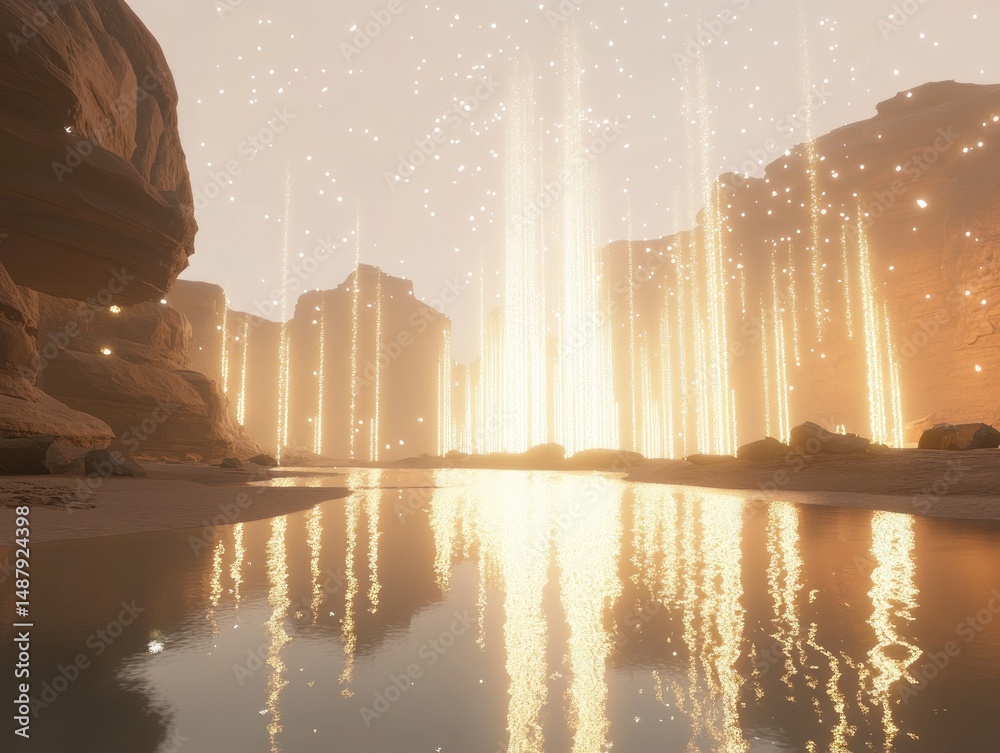 Golden desert canyon with glowing structures