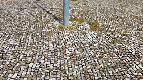 Lamppost on traditional Portuguese cobblestone pavement with wild grass