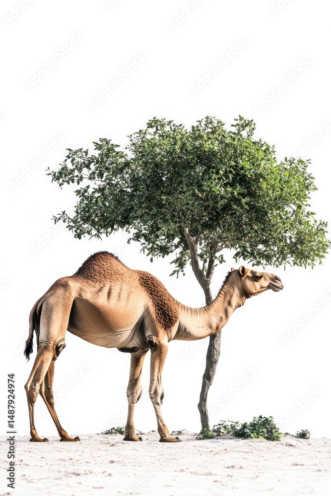 Camel by tree in desert isolated