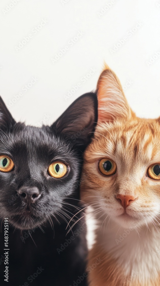 Close up of two cats one black and one orange