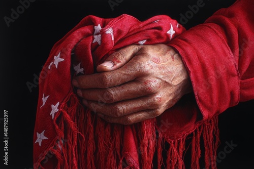 a hyper realistic close-up of fingers clutching a cloth flag with visible fibers and sweat
