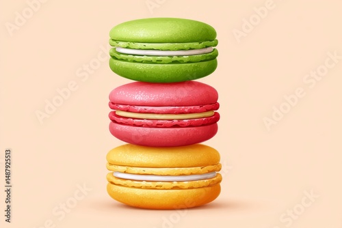 a minimalist flat design of three macarons stacked with muted colors