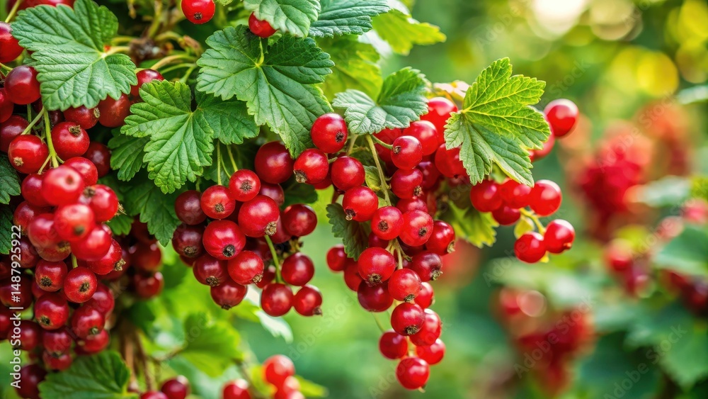 Dense bush covered in vibrant red currant berries ripening in mid summer, juicy berries Dense bush covered in vibrant red currant berries ripening in mid summer, juicy berries